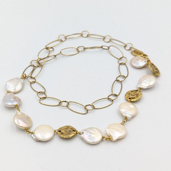 JULIO Coin Pearl Necklace Gold Tone Retired Freshwater Pearl 24 inch long Signed - Picture 9 of 15